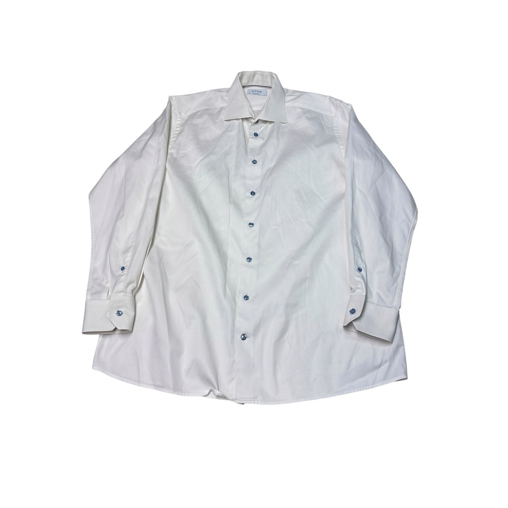 Eton Contemporary Signature Twill Dress Shirt White Blue Buttons Mens 17 43